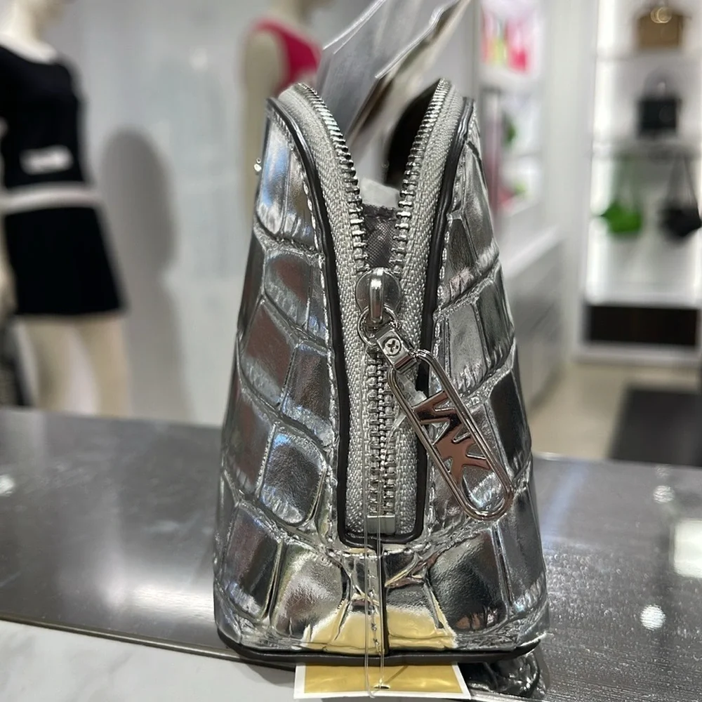 Michael Kors Empire Sm Metallic Crocodile Embossed Leather Travel Pouch Silver
